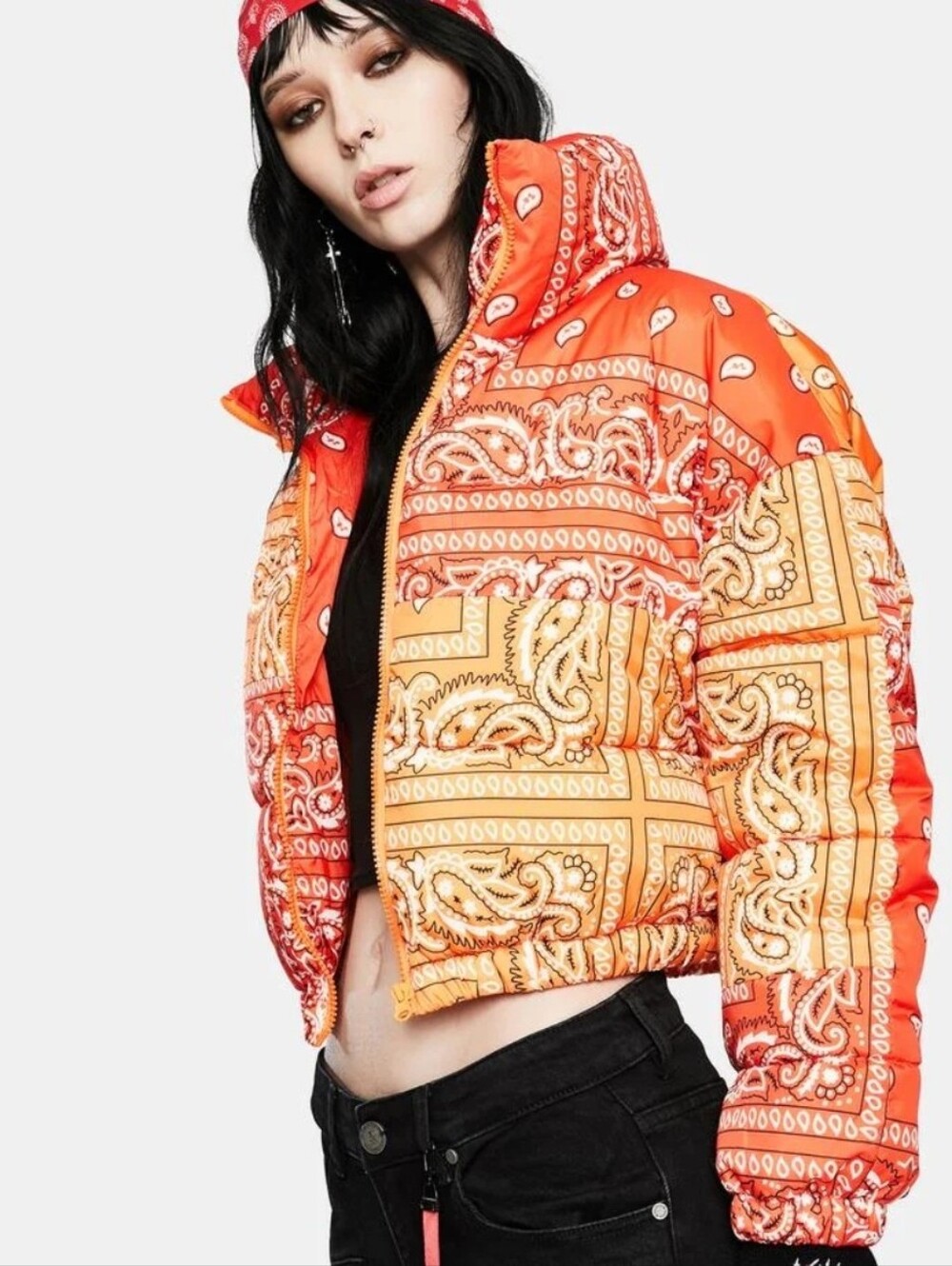 Azalea Wang Multicolor Paisley Cropped Puffer Jacket Size L Orange Red Bandana